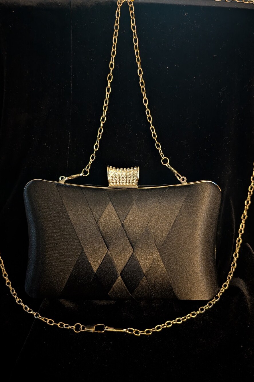 David's Bridal Black Satin Clutch with Gold Chain